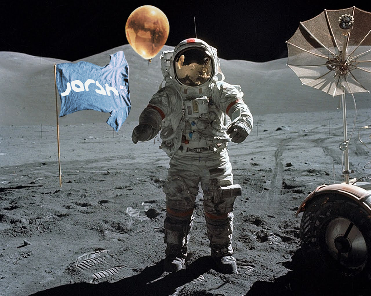 astronaut on the moon with t-shirt flying on flagpole displaying jorsh logo